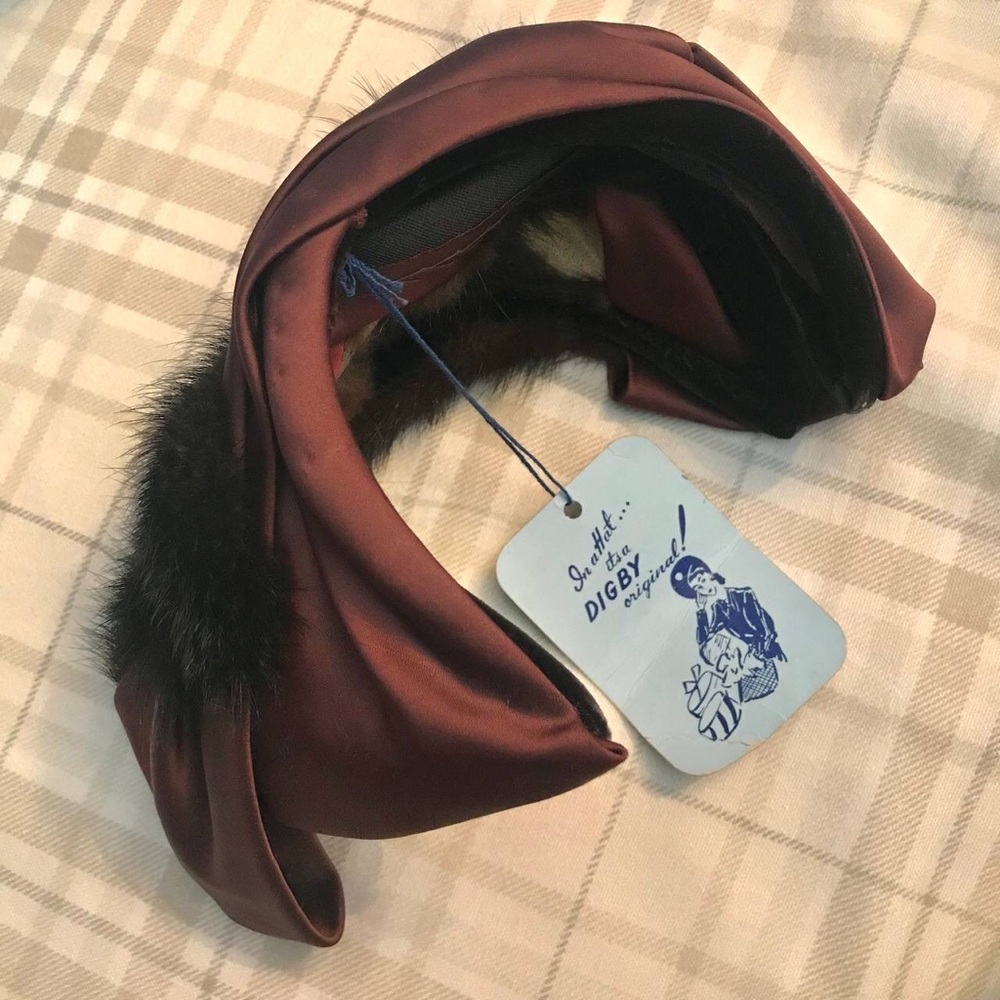 Vintage 40s 1940s Brown Mink Fur & Satin Asymmetrical Half Hat W/ Original TAG